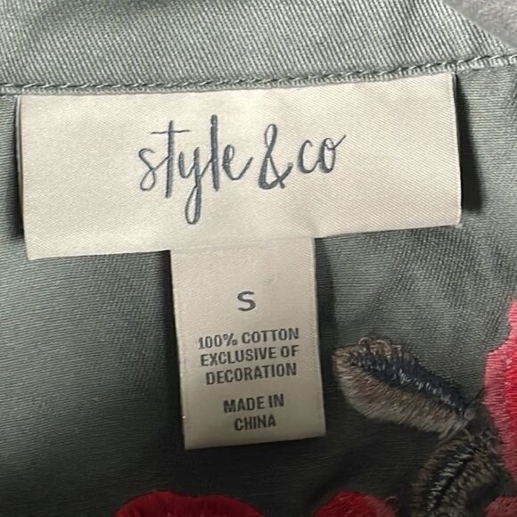 Style & Co Embroidered Roses Floral Back Utility Jacket Green Shacket Sz S - Picture 4 of 12